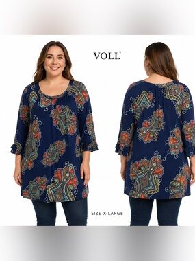 Voll Blue Paisley 3/4 Ruffle Sleeves Tunic XL